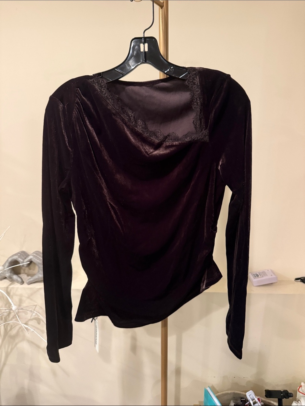 Commense Velvet Long-Sleeve Cowl Neck brown velvet and lace